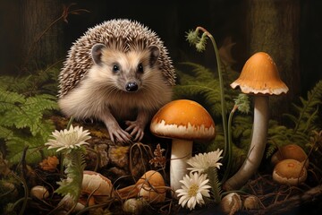 Little cute hedgehog in the green grass in the forest among mushrooms, fly mushrooms
