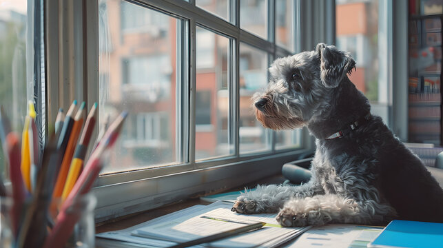 A grey schnoodle is positioned at a desk in a high school