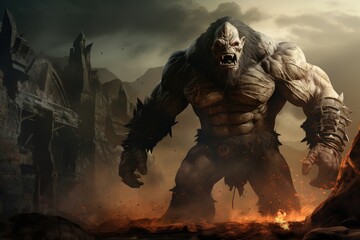 A huge ogre troll monster rises among the rocks and mountain peaks - obrazy, fototapety, plakaty