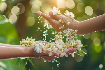 Focus Hand of young pour water and flowers on the Elder hands holding jasmine garland Songkran...