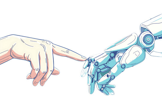 Flat vector illustration of a human hand and a robot's finger touching, white background