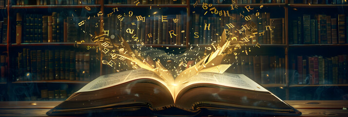 A large open book with golden letters flying out of it