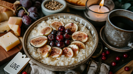   A bowl of oatmeal with topped figs and cherries next to a cup of coffee