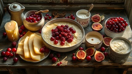   A bowl of oatmeal topped with fruit, served alongside a pitcher of milk and a cup of yogurt