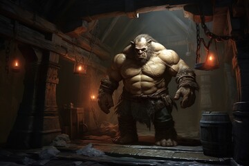 Huge ogre monster in armor in the city of monsters in a cave in the dungeon