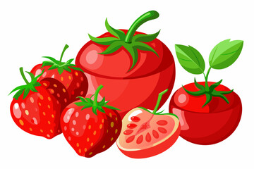  red-paint-splash--tomato--strawberries--realistic vector illustration