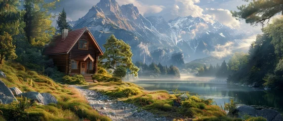 Foto op Canvas The small house at the foot of the mountain and the beautiful and charming scenery. There is a small gravel path leading to the direction of the small house. Super fresh picture, comfortable photograp © STOCKAI