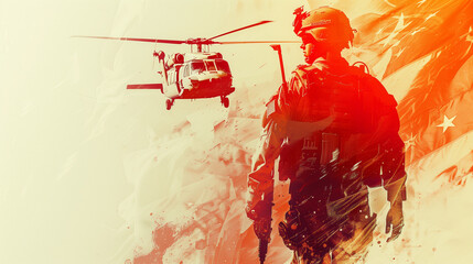  Soldier, American flag & helicopter. double exposure. War hero tribute. Copy space.