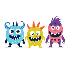 Three colorful, whimsical monsters smiling.

