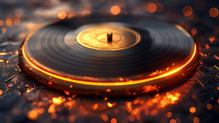 A chic vinyl record icon, detailed in gold on a backdrop of dark walnut texture, ideal for a classic music player app or a vintage record collection database 