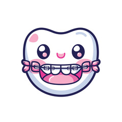 A cute, smiling tooth with braces in a cartoon style.
