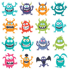 Cartoon monsters in various colors and shapes.
