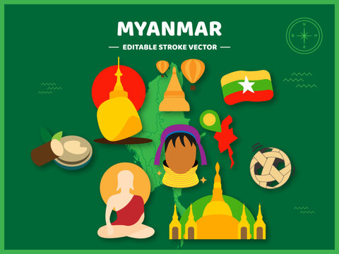 Myanmar Travel flat icons set. Myanmar elements icon map and landmarks symbols and objects and cuisine collection vector Illustration.