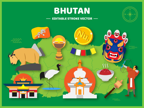 Bhutan Travel flat icons set. Bhutan elements icon map and landmarks symbols and objects and cuisine collection vector Illustration.
