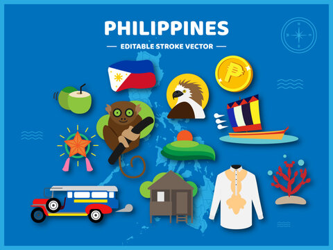 Philippines Travel flat icons set. Philippines elements icon map and landmarks symbols and objects and cuisine collection vector Illustration.