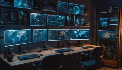A dark, high-tech room filled with multiple monitors displaying various global maps and data, suggesting advanced surveillance capabilities