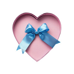 A close up of a pink heart shaped box with a blue bow