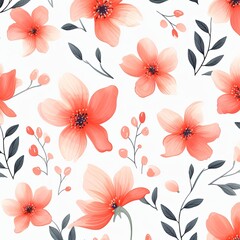 Coral flower petals and leaves on white background seamless watercolor pattern spring floral backdrop 