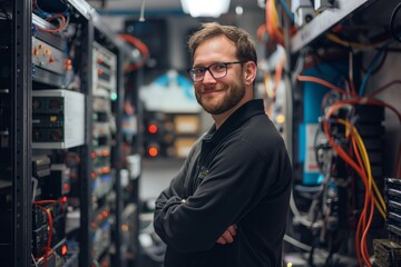 Smiling professional standing confidently in a data center.