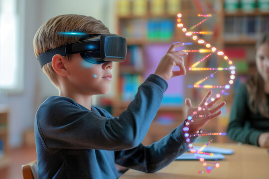 Embracing futuristic learning, a child with a VR headset manipulates a virtual DNA helix using spatial technology, a testament to the integration of augmented reality in science education. - Powered by Adobe