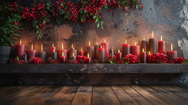   A group of red candles sits atop a wooden table alongside red poinsettias
