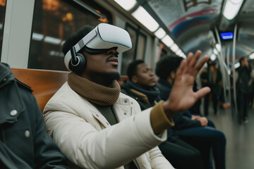 An African American man uses spatial technology through a VR headset and hand gestures, engaging with augmented reality on a subway train