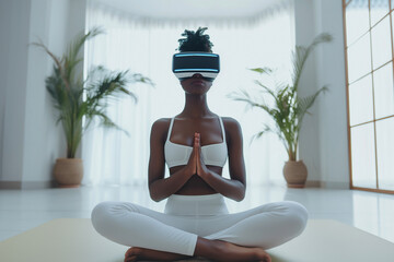 African American woman wearing VR headset and white sportive outfit sits cross-legged on yoga mat, immersed in a virtual reality meditation session at home, hands in a mudra pose