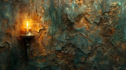   A lit candle perched atop a metallic pole in front of a green wall with peeling paint - obrazy, fototapety, plakaty
