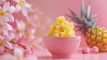 Radiant Floral Oasis Pineapple and Plumeria Blossoms in a Soft Pink Backdrop