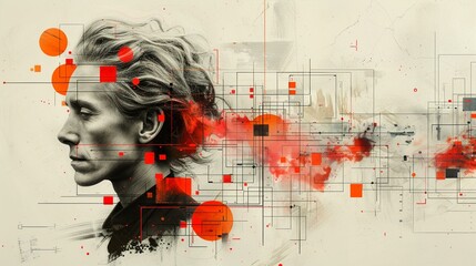 Abstract Red and Black Profile Portrait with Geometric Elements - obrazy, fototapety, plakaty