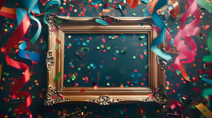 A photo of an empty antiqued gold picture frame surrounded by confetti and streamers in rich colors like deep red