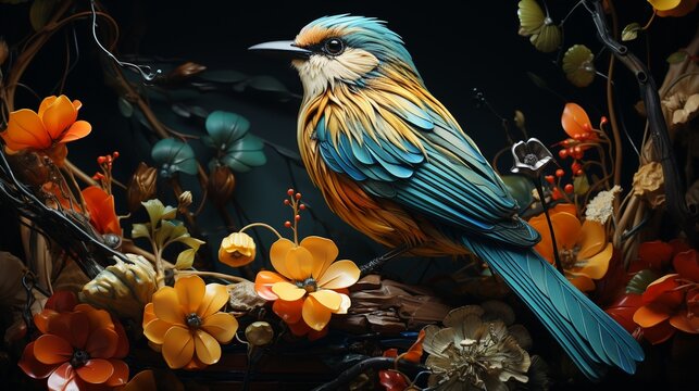 Vibrant Teal and Orange Bird Amidst Blossoms on Dark Background