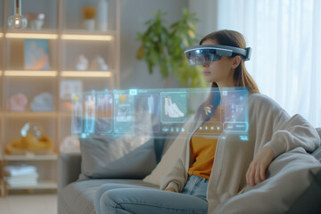 Seated comfortably at home, a young woman navigates a holographic display with AR glasses, immersed in a virtual interface and shopping in clothing store online via spatial computer. - obrazy, fototapety, plakaty