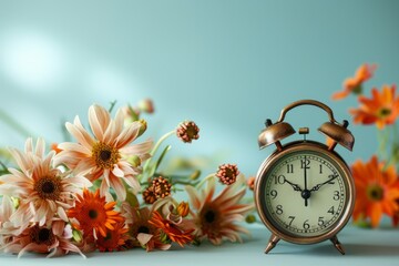 Capturing the essence of spring: vintage alarm clock and vibrant spring flowers