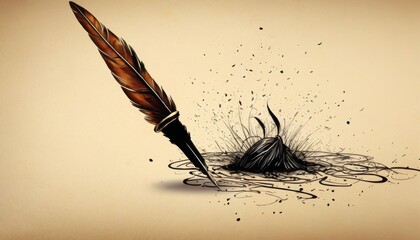 An artistic representation of a quill pen with ink splashing around, symbolizing the creative process and literary expression. - obrazy, fototapety, plakaty