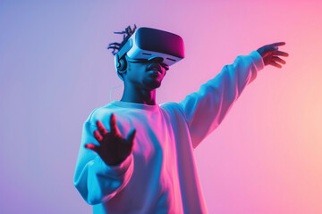 Enthralled in the metaverse, a male user in VR goggles interacts with a virtual world, his silhouette cast against a backdrop of vivid pink and blue neon background.