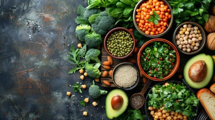   A table with bowls filled with diverse vegetables, grains, bread, and broccoli stacked on top - obrazy, fototapety, plakaty