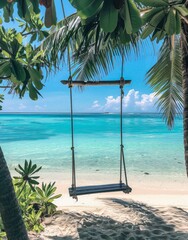 A swing hanging from the palm trees on the beach