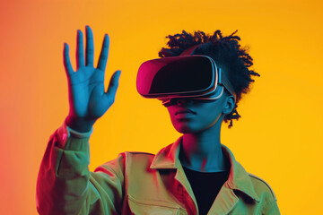 A young African American woman with raised hand is engaged with a VR headset against an orange backdrop. Copy space