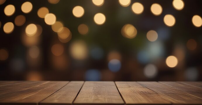 Empty wooden table top with blurred bokeh background for product placement. Product background