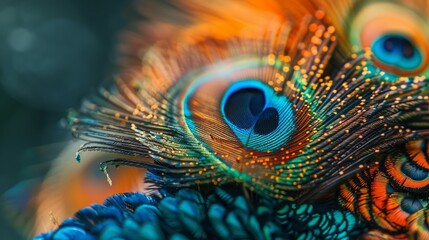 Beautiful peacock feather close up. Colorful abstract background.