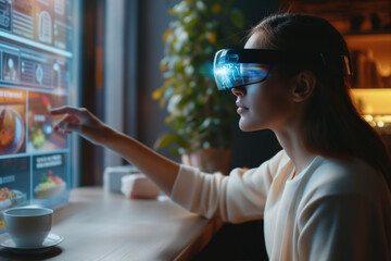 A young woman uses augmented reality glasses to browse and select food items from a virtual menu, engaging with spatial technology. - obrazy, fototapety, plakaty