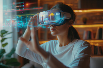 A woman interacts with a spatial data interface using her VR headset at home, analyzing digital graphs and charts. Spatial computer and augmented reality concept 