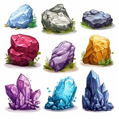 Set of colorful crystals, gemstone isolated on white background. Icons for game