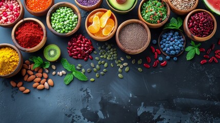   A colorful image featuring bowls brimming with various fruits and vegetables, alongside a few bowls containing nuts and veggies