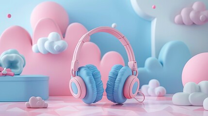 Whimsical Pastel Headphones with Clouds and Geometric Shapes
