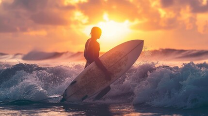 A surfer is riding a wave in the ocean. The sun is setting in the background, casting a warm glow over the scene. The surfer is wearing a wetsuit and he is enjoying the ride - obrazy, fototapety, plakaty