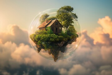 A serene image capturing a rustic cabin encased in a transparent bubble, floating above the clouds on an isolated earth fragment.