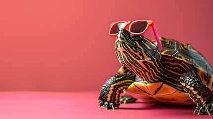 A turtle wearing sunglasses and standing on a red background. The turtle is wearing a pair of sunglasses, he is enjoying the sun. Fashionable turtle in sunglasses on studio background, with copy space