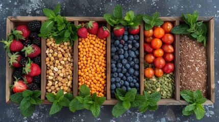   A wooden box containing an array of fruits and vegetables, including strawberries, blueberries, and raspberries, is placed on a gray surface